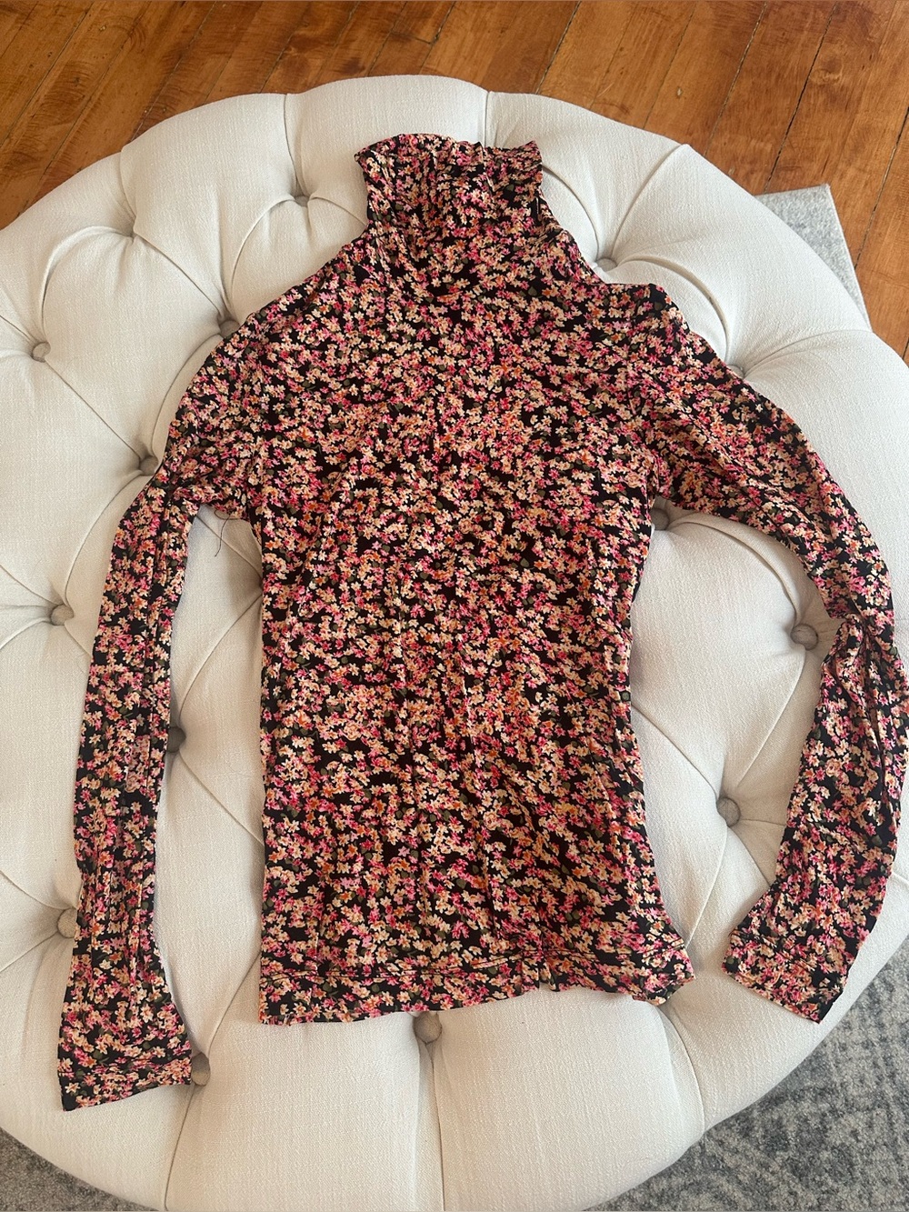 H&M Black Mock Neck Long Sleeve Top with Pink Floral Print